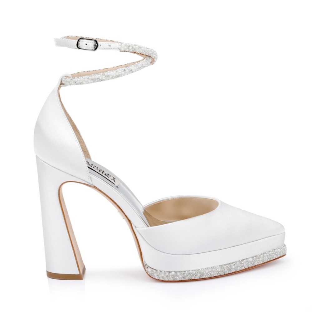 Badgley Mischka Ivory Satin Crystal Platform Ankle-Strap Pumps - Picture 5 of 5